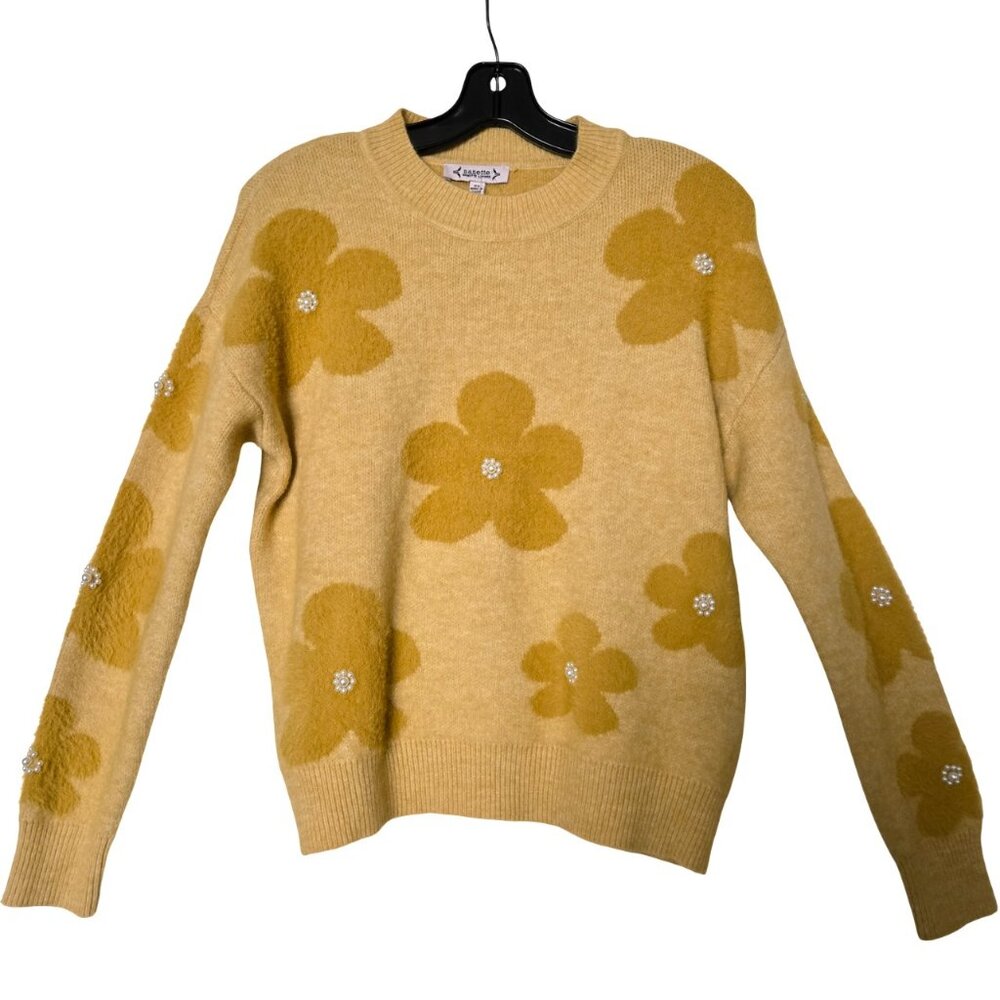 Nannette Lepore Yellow Gold Soft Flower Sweater Pearl Cluster Trim XS Fits Small